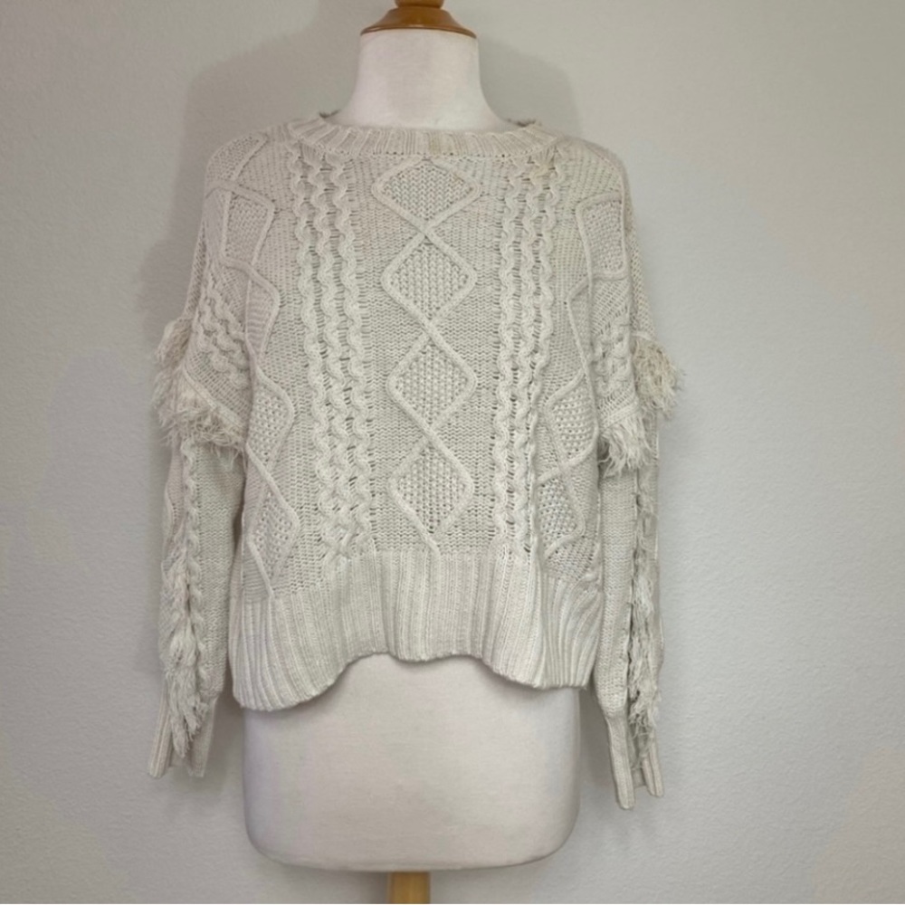 A.N.A. Cream Cable Knit Fringe Thick Cotton Mix Crew Boxy Sweater Size MP Boho